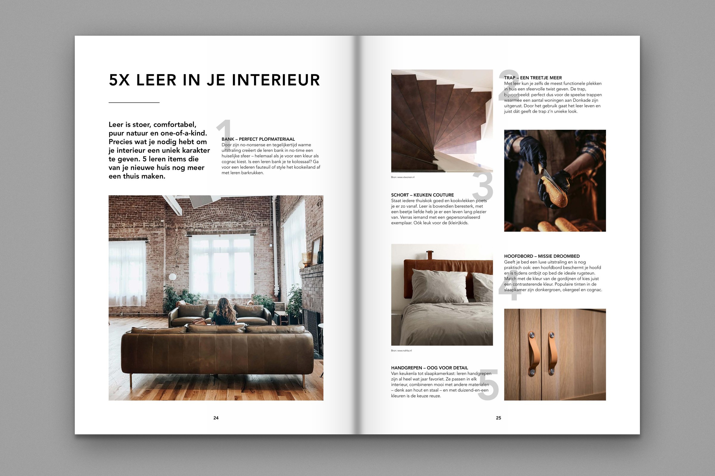 Brochurespread: vijf manieren om leer in je interieur te gebruiken