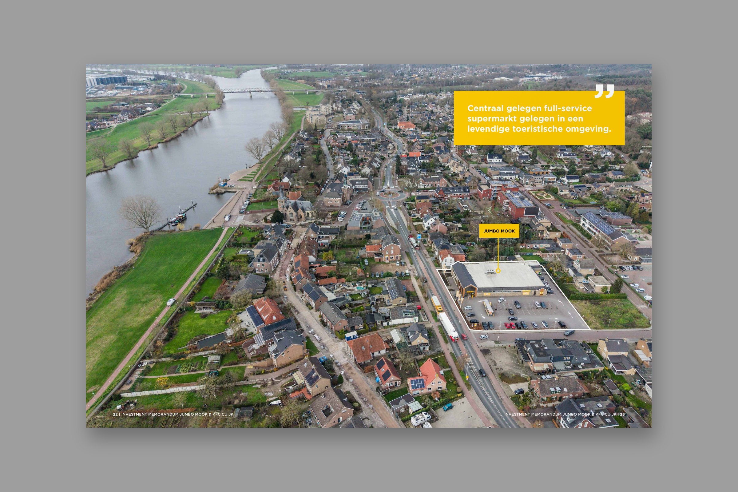 IM spread: aerial photograph of Jumbo Mook, with a yellow quote