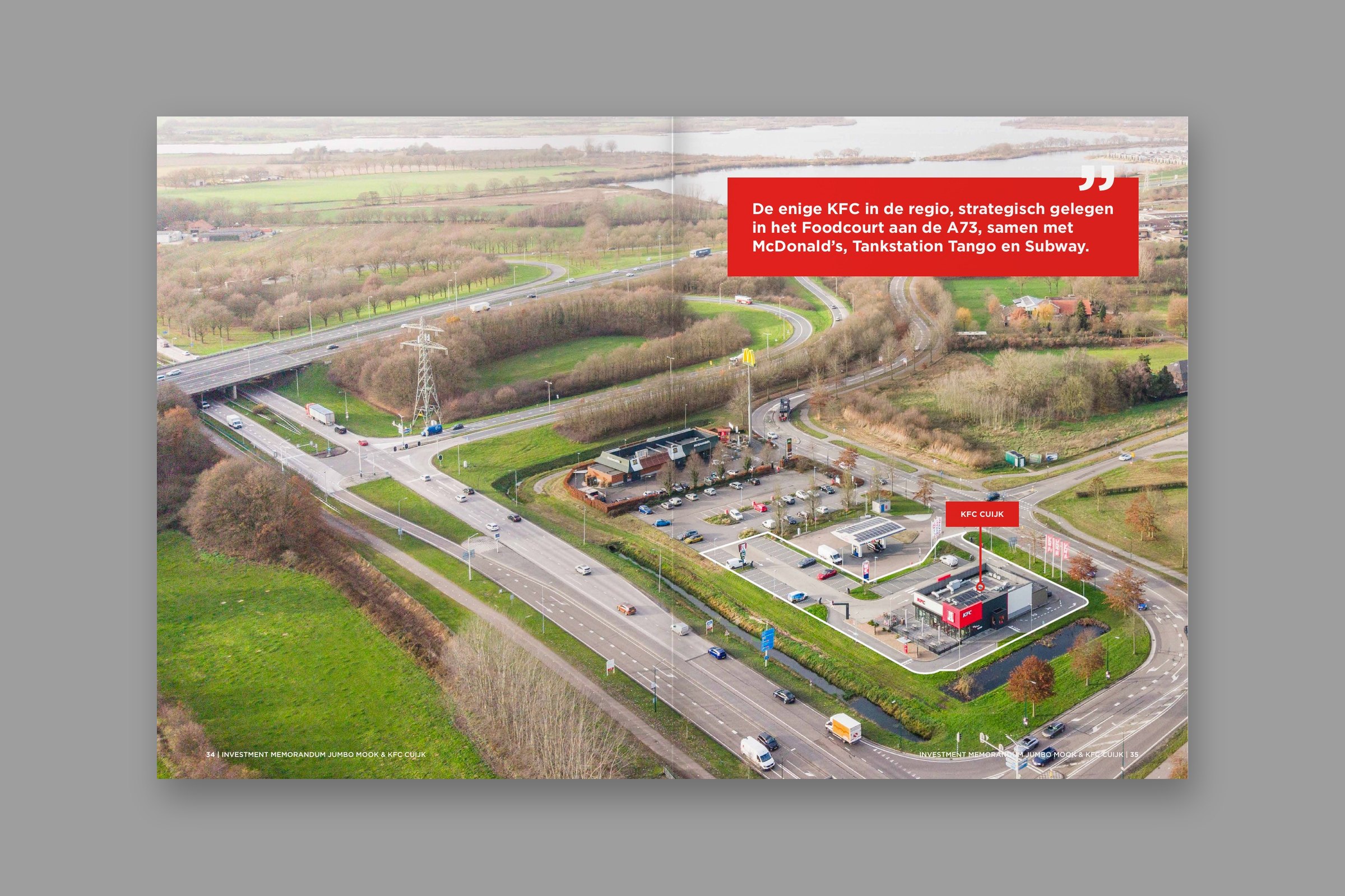 IM spread: aerial photograph of KFC Cuijk, with a red quote